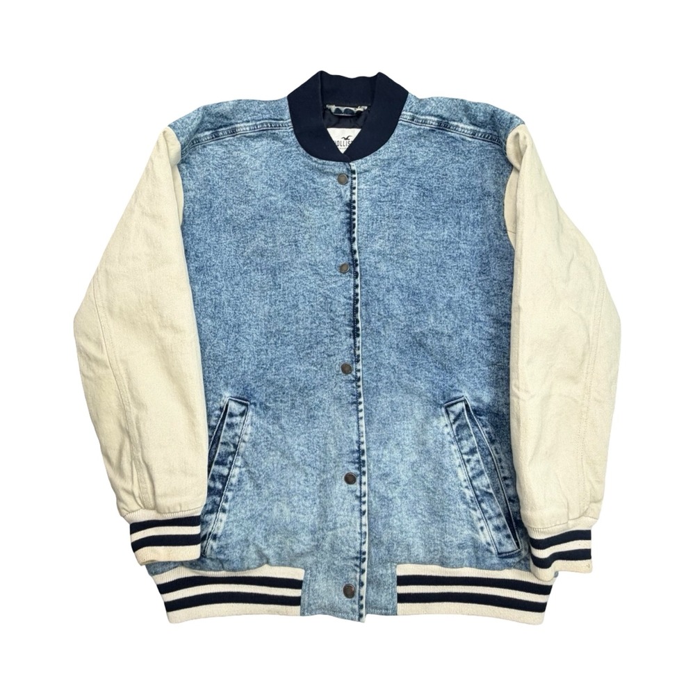 Hollister Varsity Jacket Womens M Blue Acid Wash Denim Bomber Letterman 344J2372